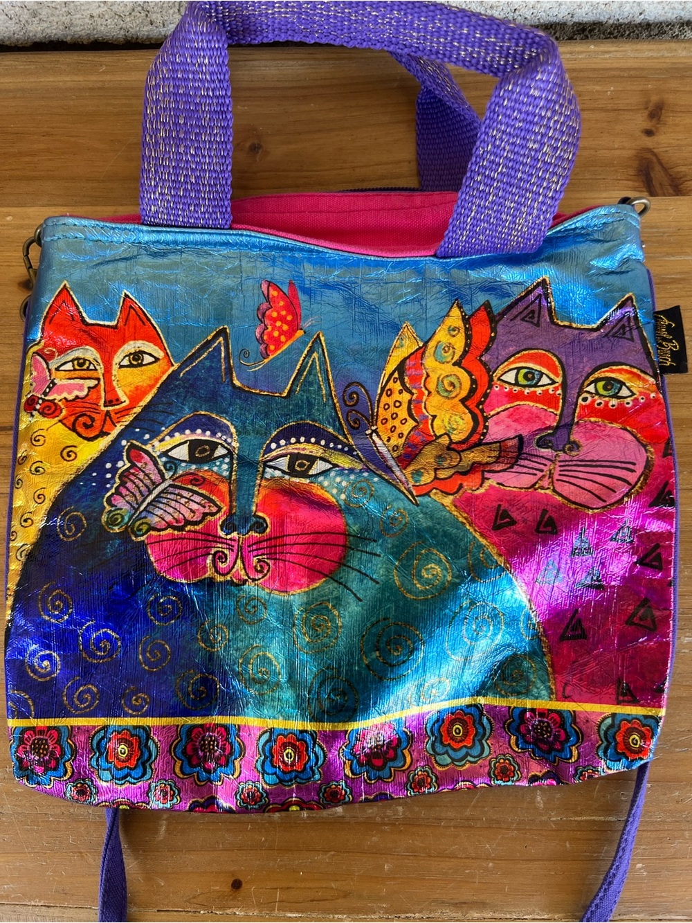 Laurel Burch Multicolor Cat Tote with Purple Handles